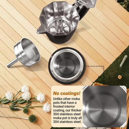 Miniatura 7 de Sin Recubrimiento 4 Tazas Olla de Moka de Aluminio y Acero Inoxidable para Preparar Espresso en Estufa, Cafetera Italiana de 220ml 7.44oz Adecuada