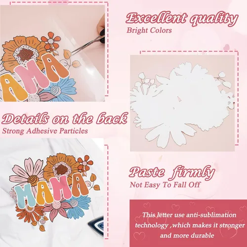 Miniatura 6 de Whaline 6 hojas de parches para planchar con texto en inglés "Mama Boho, para planchar con estampado de arcoíris, flores, leopardo, mamá", vinilo
