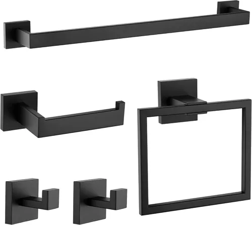 Miniatura 9 de Toalleros para baño, color negro, 5 piezas de 16 pulgadas, accesorios de accesorios de baño, montaje en pared, incluye barra de toalla de mano