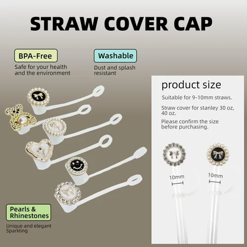 Miniatura 3 de 6 fundas brillantes de popote para vasos Stanley Cup de 30 y 40 onzas, 0.4 pulgadas, color dorado, negro y blanco, tapas de silicona para vasos