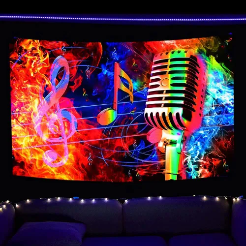 TPMDFC Tapiz musical UV con luz negra, nota musical reactiva, tema fresco, tamaño pequeño, 40 pulgadas, 30 pulgadas, tapices colgantes de pared de