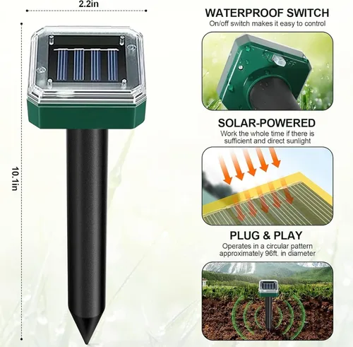 Miniatura 9 de 12 piezas Tirgo repelente de topos alimentado por energía solar para césped, repelente de serpientes para patio, trampa repelente de troncos