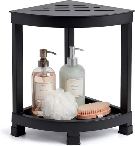 CROWNFURN Reposapiés de ducha, taburete de ducha impermeable HIPS para ducha interior, banco de ducha de esquina para afeitarse piernas con estante