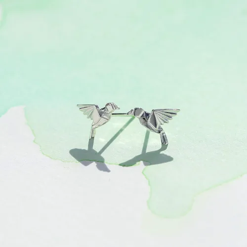 Miniatura 3 de Boma Pendientes de tuerca de plata de ley con diseño de pájaro de origami, Metal, No es una piedra preciosa