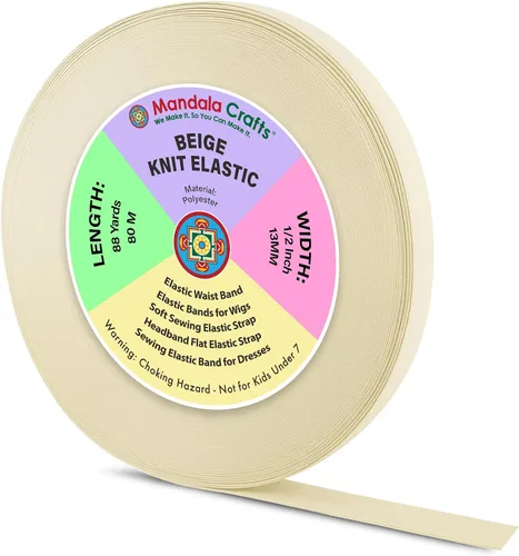 Mandala Crafts Carrete de bandas elásticas anchas de 1/2 pulgada color beige para cinturas de pantalones, costura y manualidades DIY, 88 yardas de