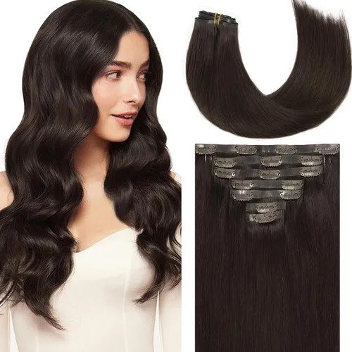 Miniatura 57 de Loxxy Extensiones de cabello humano con clip, sin costuras, 22 pulgadas, color marrón oscuro a castaño oscuro y marrón oscuro, 7 piezas