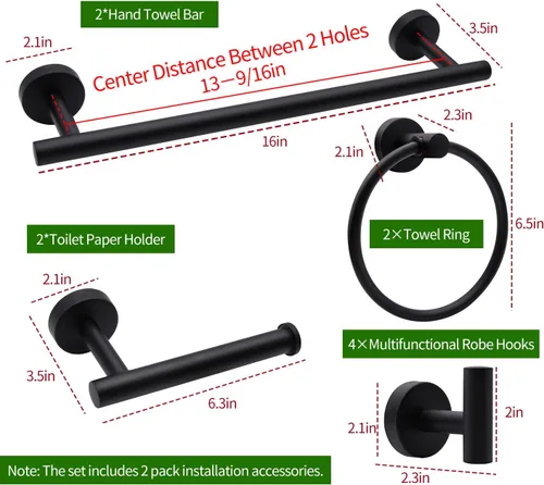 Miniatura 6 de Juego de accesorios de baño de 10 piezas, incluye barras de toalla de mano de 16 pulgadas, soportes para papel higiénico, anillos de toalla, ganchos