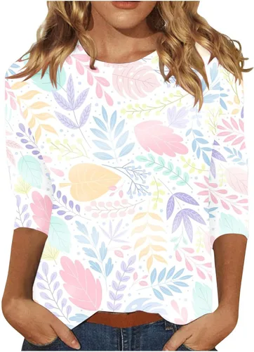 YAFINMO Camisetas de manga 34 para mujer, camisas de verano de talla grande, blusas de trabajo para mujer, camisetas elegantes casuales sexis a la