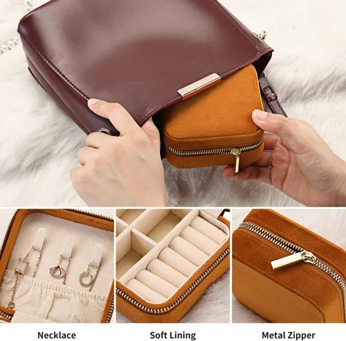 Miniatura 4 de Joyero de viaje de terciopelo de felpa, pequeña caja de joyería de viaje, caja de joyería portátil, mini organizador de almacenamiento, caja