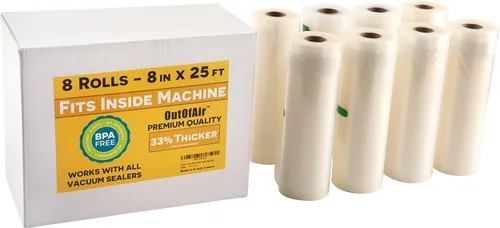 Rollos de 8 pulgadas x 25 pies (se adaptan al interior de la máquina) – Paquete de 8 rollos a granel (200 pies en total) OutOfAir que funcionan con
