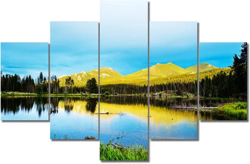 Miniatura 31 de TUMOVO Lienzo decorativo para pared de sala de estar, 5 paneles de naturaleza, Alaska, Estados Unidos, autopista alrededor de montañas, paisaje