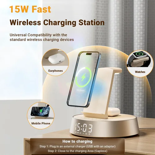 Miniatura 4 de Reloj despertador con estación de carga inalámbrica, reloj para dormitorio con altavoz Bluetooth de luz nocturna, estación de carga inalámbrica