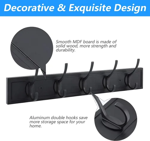 Miniatura 2 de HOME MASTER HARDWARE Perchero de pared negro, ganchos de pared de MDF para colgar abrigos, estante decorativo para sombreros de 27" para pared con 5