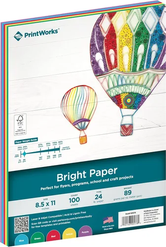 PrintWorks - Papel de colores brillantes, 24 libras, 4 colores surtidos, certificado FSC, perfecto para proyectos escolares y artesanales, 100