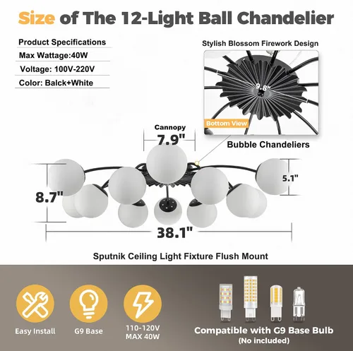 Miniatura 2 de Lámpara de araña Sputnik de 12 luces, color negro con burbujas de vidrio de leche Luces de techo semi empotradas, acento de flor, Art Deco