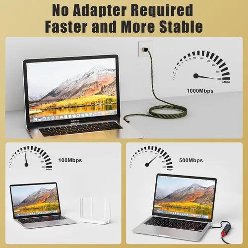 Miniatura 3 de Cable USB C a Ethernet de 1 pie, cable tipo C a RJ45 de 90 grados, cable de Internet de 1 Gbps, cable trenzado de nailon delgado, conectado