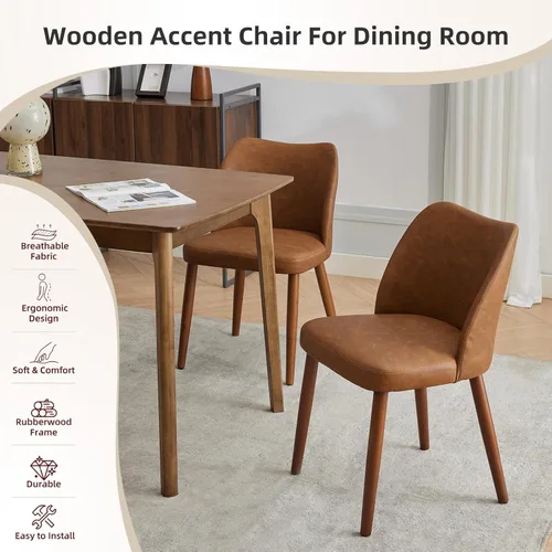 Miniatura 4 de GarveeHome Juego de 4 sillas de comedor de cuero tapizadas de poliuretano con patas de madera, respaldo de ala, sillas de cocina de madera
