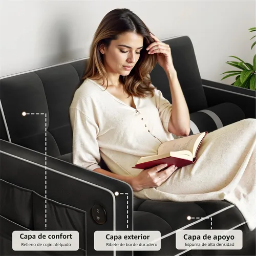 Miniatura 7 de Pipishell Sofá cama 3 en 1, sofá cama extraíble para sala de estar con puertos USB y bolsillos laterales, respaldo ajustable, sofá biplaza