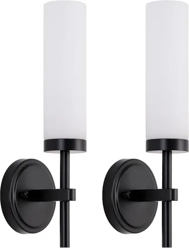 Miniatura 9 de Juego de 2 apliques de pared cableados negros y dorados, modernos apliques de tocador de baño con pantalla de vidrio transparente, luces de montaje