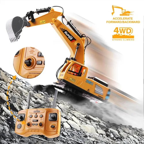 Miniatura 6 de ViRockSign Juguetes de excavadora con control remoto para niños, juguetes de construcción RC de 16 canales con pala de metal y luz, humo simulado