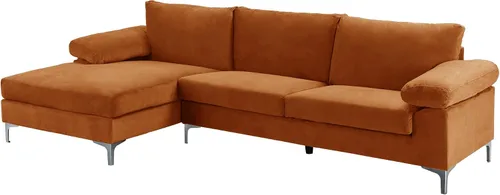 Miniatura 4 de Casa Andrea Milano Moderno sofá seccional grande en forma de L de terciopelo, con diván extra ancho Naranja
