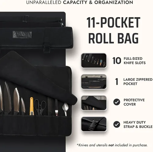 Miniatura 2 de Asaya - Bolsa enrollable de lona para cuchillos de chef - 10 ranuras para cuchillos y un gran bolsillo con cremallera - Funda duradera de lona
