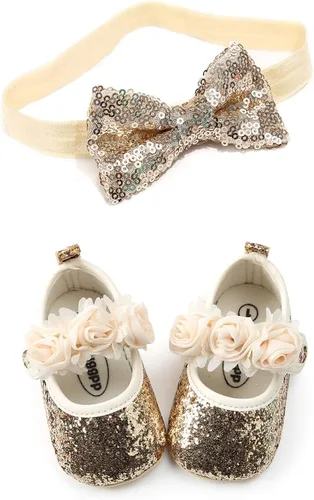 Miniatura 4 de Mary Jane - Zapatos planos con diadema con lazo, vestido de princesa floral para bebés, zapatos de cuna con suela suave, antideslizantes para niños