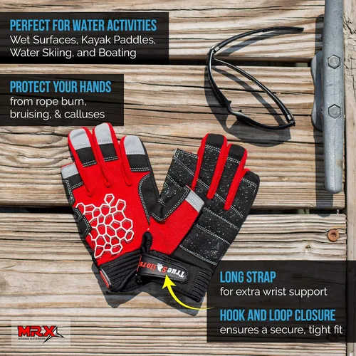 Miniatura 3 de MRX BOXING & FITNESS Guantes de vela pegajosos para la palma de la mano, guantes de yate, kayak, bote, pesca, 2 dedos de corte (rojo, mediano)