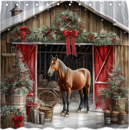 Cortina de ducha de caballo de Navidad rústica vintage marrón animal madera granero árbol de Navidad naturaleza occidental nieve invierno vacaciones
