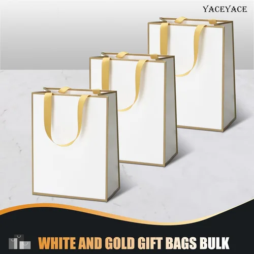 Miniatura 6 de Bolsas de regalo de tamaño mediano con asas de cinta, 10 bolsas de regalo blancas de 8 x 4.25 x 10.5 pulgadas con marco delgado dorado, bolsa