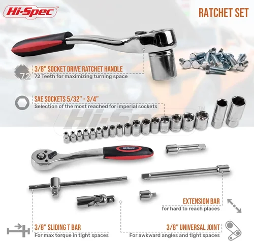 Miniatura 3 de Hi-Spec Tools - Juego de herramientas manuales de mecánica automotriz SAE de 67 piezas. Reparaciones completas de automóviles, motocicletas, motores