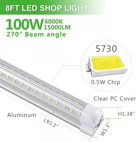 Miniatura 2 de Skymoatled Paquete de 8 luces LED de garaje de 8 pies, luz blanca de 100 W, 6000 K, 15000 lm, súper brillante, montaje en superficie, luces LED T8
