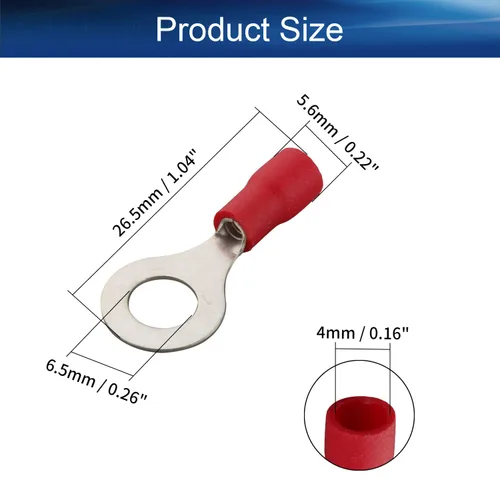 Miniatura 2 de Heyiarbeit 100 Uds AWG22-16 Conectores de terminales de anillo aislado M6 Terminales de anillo eléctrico Conectores de crimpado de alambre rojo