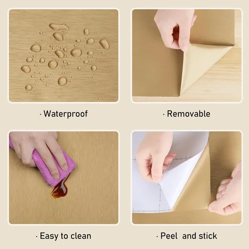 Miniatura 9 de Wallercity Papel adhesivo de acero inoxidable dorado cepillado para encimeras, papel tapiz metálico dorado para despegar y pegar, envoltura