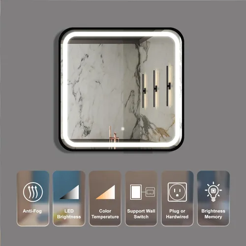 Miniatura 2 de 32 * 32 inch Bathroom Led Classy Vanity Mirror with High Lumen,Black Metal Frame,Dimmable Touch,Wall Switch Control, Anti-Fog,CRI 95 Adjustable