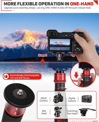 Miniatura 2 de IFOOTAGE Monopod profesional de 71 pulgadas y placa de liberación rápida, monopie de fibra de carbono para cámaras DSLR, cámara de viaje portátil