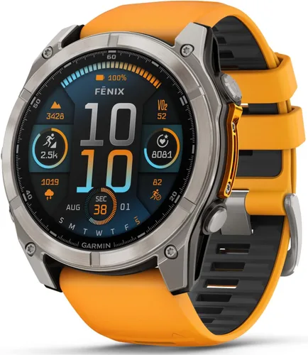 Miniatura 4 de Garmin Fenix 8 – 2 pulgadas, reloj inteligente multideporte GPS AMOLED, zafiro, titanio con banda de silicona naranja brillante/grafito, linterna