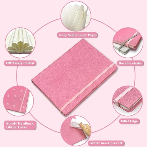 Miniatura 3 de Cuaderno rosa con purpurina, 8.3 x 5.7 pulgadas, 160 páginas rayadas con purpurina que nunca se despega, diario brillante para niñas, cuadernos