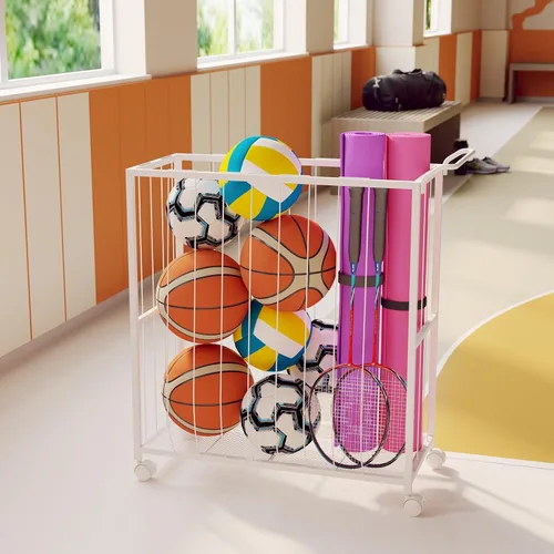 Miniatura 8 de Homsorout Cesta de almacenamiento de bolas, carrito de pelotas deportivas rodantes, organizador de garaje de metal, almacenamiento de canasta