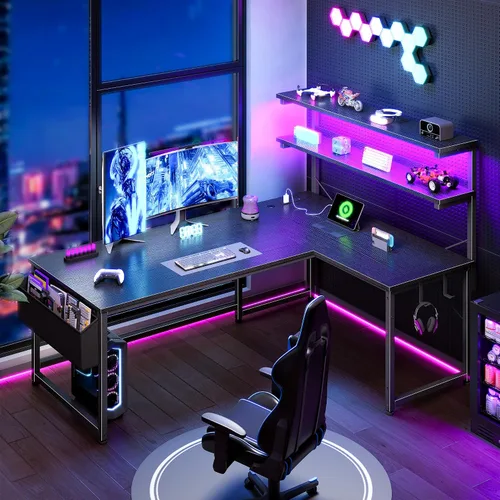 Miniatura 9 de DurayLoly Escritorio en forma de L para juegos con luz LED y toma de corriente, escritorio reversible en forma de L para computadora de 43.3