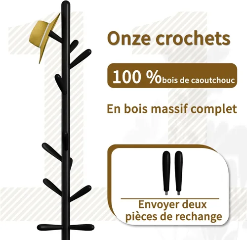 Miniatura 2 de Perchero de madera maciza, perchero independiente en forma de árbol con 11 ganchos, poste principal de 1.6 pulgadas de diámetro para ropa, soporte