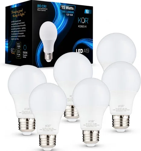 KOR Bombillas LED equivalentes a 100 W, 15 W, 1500 lúmenes, luz blanca diurna 5000 K, no regulable, base estándar A19 E26, vida útil de 10000 horas,