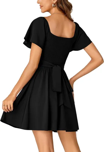 Miniatura 5 de Rooscier Minivestido acampanado de manga corta con volantes, cuello cuadrado, envolvente y espalda anudada para mujer