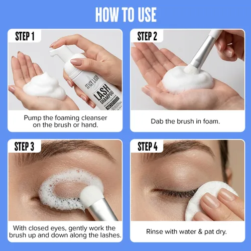 Miniatura 6 de STACY LASH Champú para extensiones de pestañas + cepillo, 1.69 onzas líquidas, limpiador espumoso de párpados, lavado para extensiones y pestañas