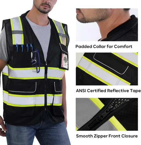 Miniatura 3 de Neopelta Chaleco de seguridad reflectante de malla negra, chaleco de alta visibilidad con bolsillos y cremallera, cuello acolchado, negro con ribete