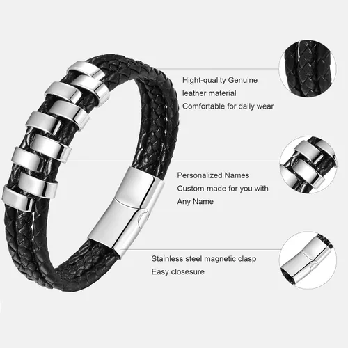 Miniatura 5 de XUANPAI - Pulseras personalizadas para hombre, pulseras de acero inoxidable para hombre, pulseras de cuero trenzado con 1-9 nombres grabados