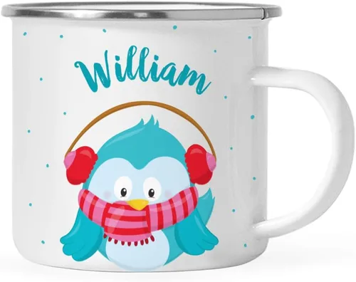 Andaz Press Taza de café de acero inoxidable con nombre personalizado de 11 onzas para niños, diseño de búho azul festivo, 1 paquete, taza de