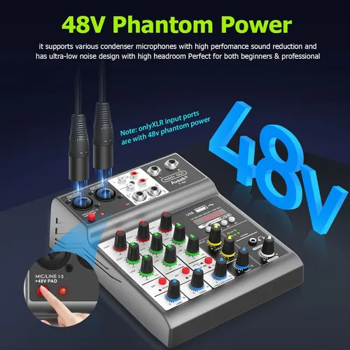 Miniatura 7 de Mezclador de audio profesional Aveek, consola de mezcla de placa de sonido con 4 canales digitales USB Bluetooth, efecto de eco y retardo, entrada