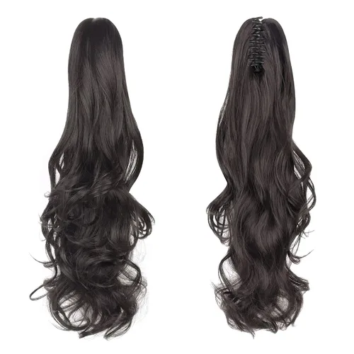 Extensión de cabello negro con cola de caballo de 22 pulgadas de largo, rizado, ondulado, peluca sintética con clip, peluca de cola de caballo
