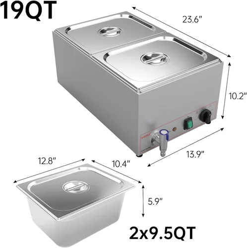 Miniatura 2 de Valgus Bain Marie Buffet de acero inoxidable de grado comercial, 2 secciones, 19 cuartos de galón, calentador de alimentos, mesa de vapor con tapa